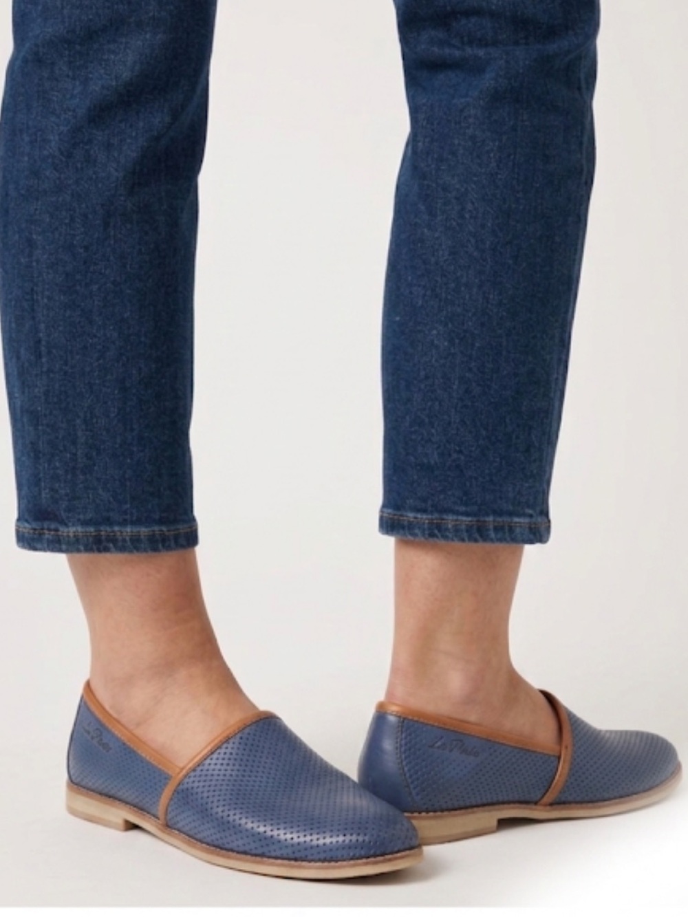 La Pinta Blue and Tan Leather Slip Ons